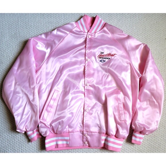 NOS Vintage Chevy The Heartbeat of America Embroidered Pink Satin Bomber XL USA - Picture 2 of 11
